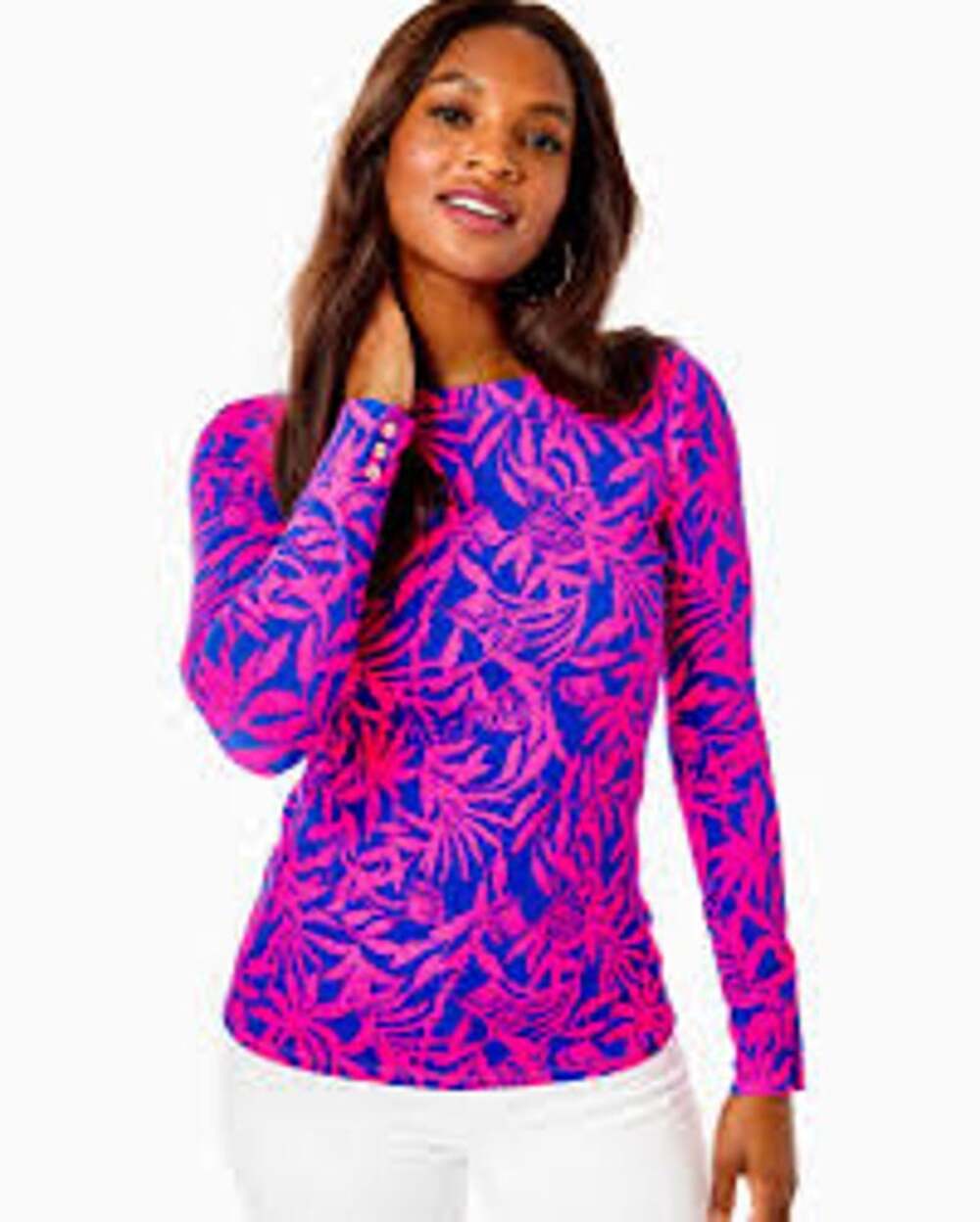 Lilly Pulitzer Pink Navy Botanical Boatneck Long Sleeve Cotton Stretch Top Med